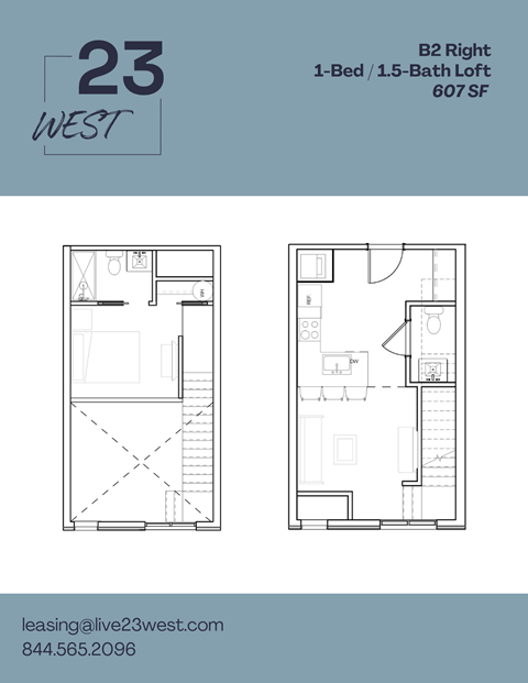 Floor plan for 1 bed, 1 bath, 607 sqft